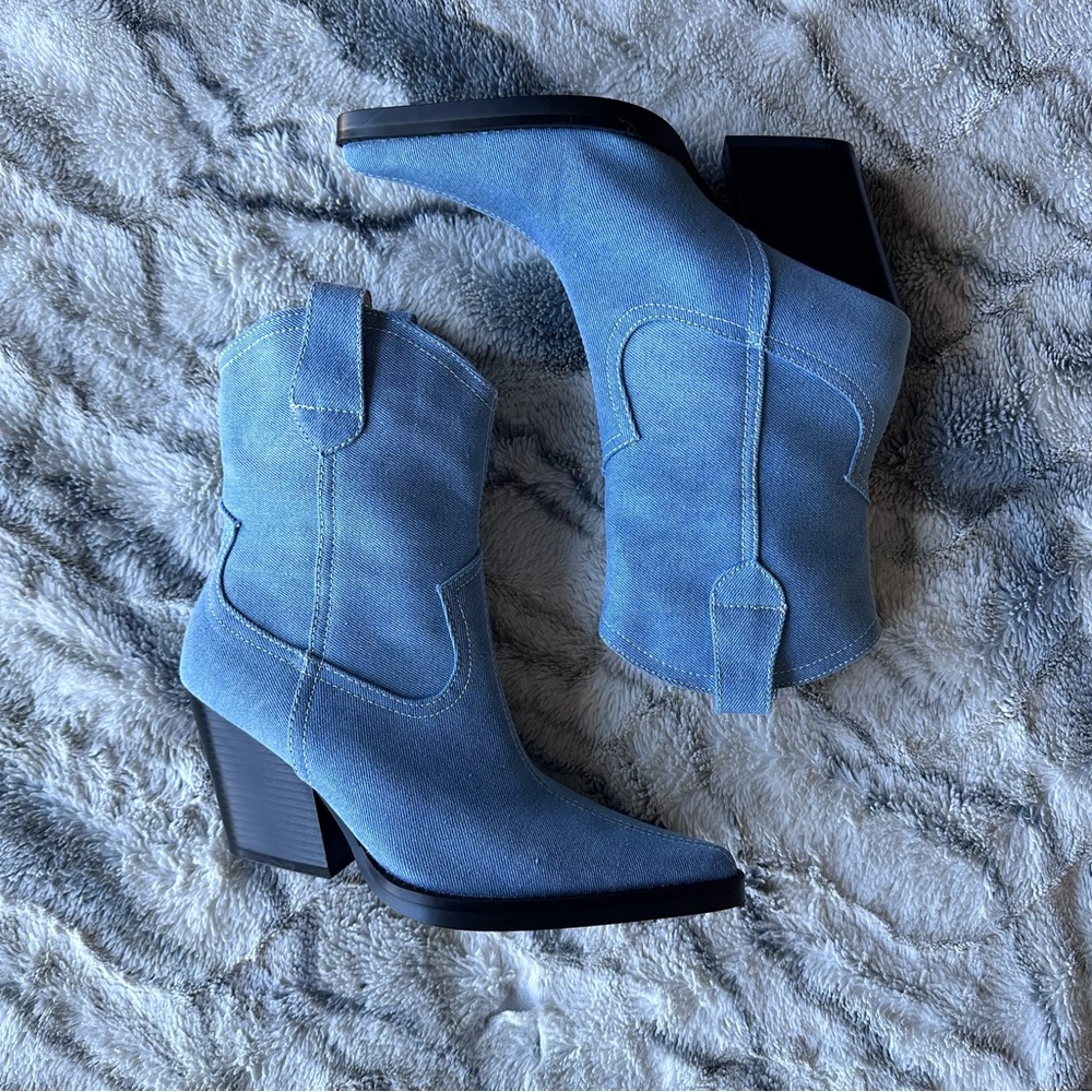 Dolls Kill Light Blue Suede Western Ankle Boots